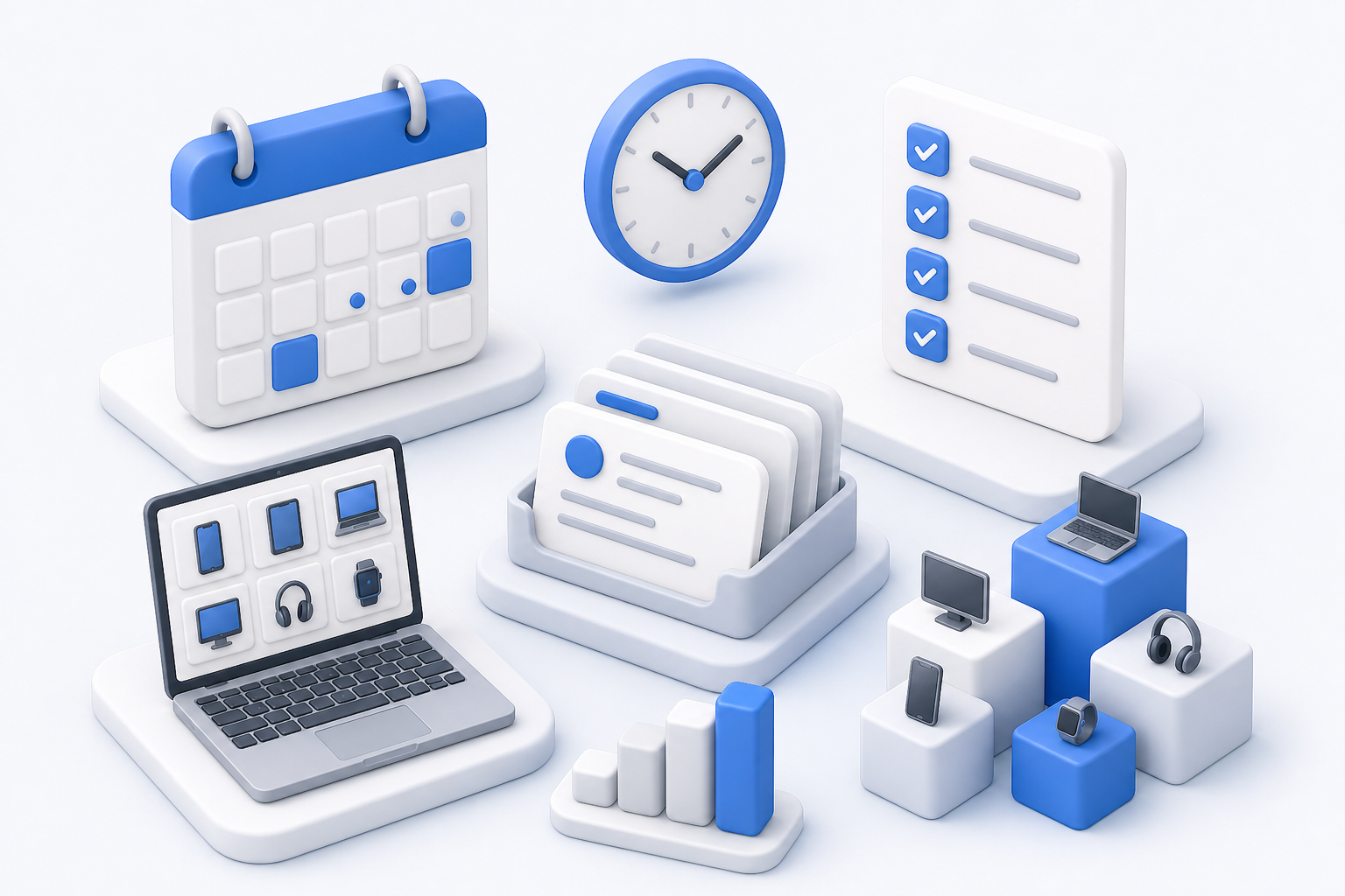 3D illustration of timesheets, clocks, tickets, and device inventory