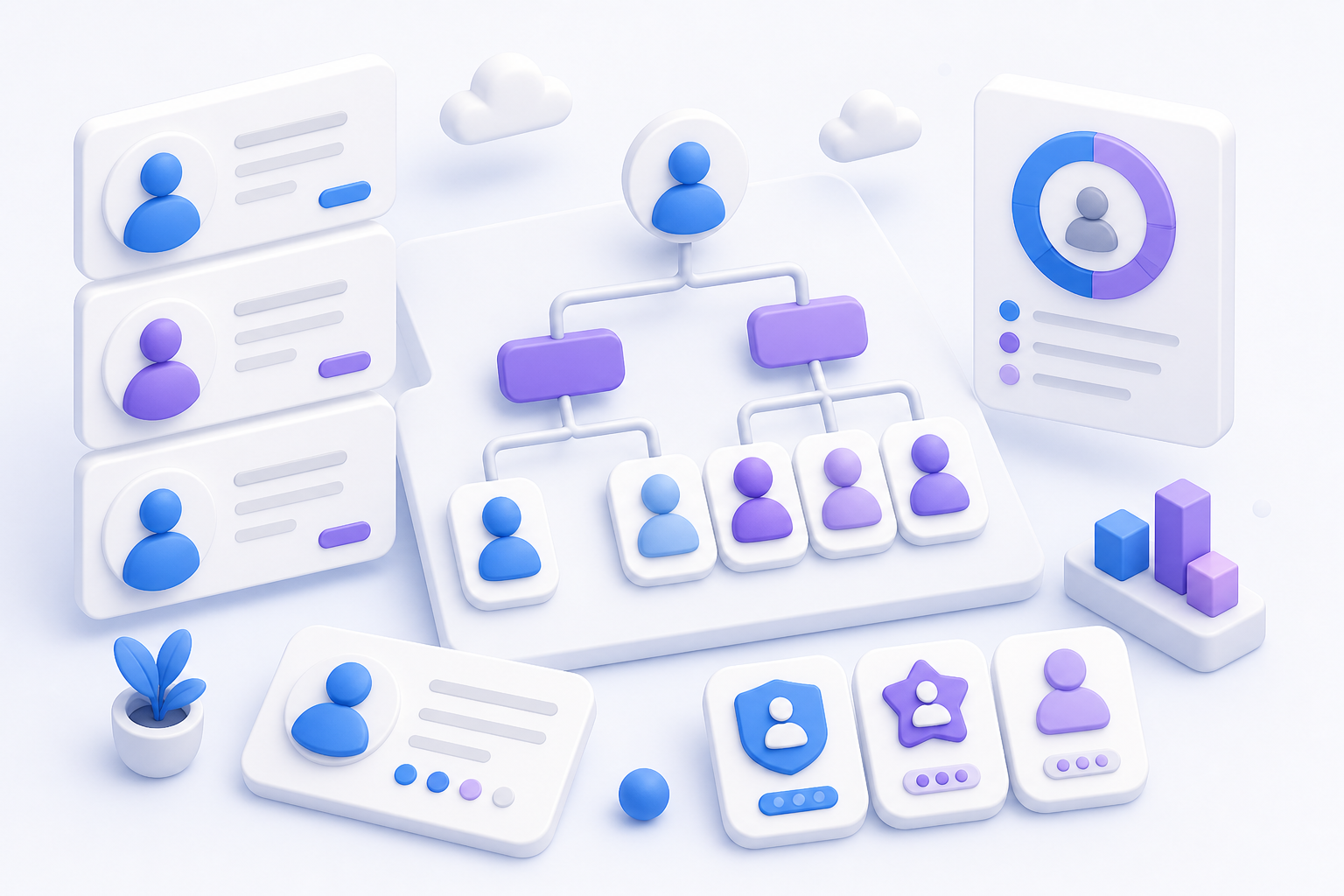 3D illustration of directory cards and organisation structure